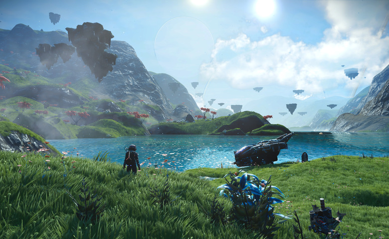 CGI showing a person standing in the grass facing a body of water with floating islands in the background.