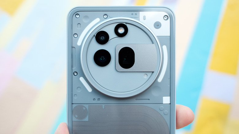 A closeup of the Nothing Phone 3a Pro's triple-camera module. 