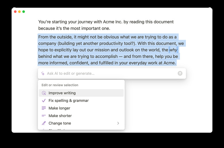 A screenshot of Notion AI showing off the tool's formatting tool, which you can use to prompt the generative machine-learning algorithm to 