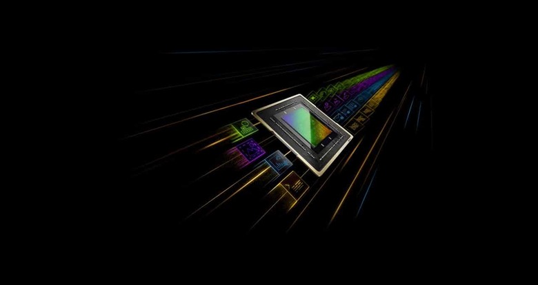 Illustration showing a GPU chip and its carious cores, such as ray-tracing cores and tensor cores.