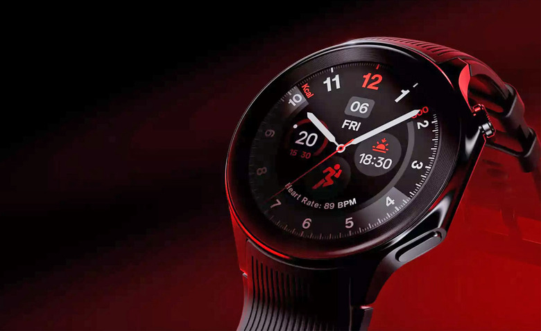 The face and some of the wrist band for the OnePlus Watch 2` are shown in a dark area with red highlights.