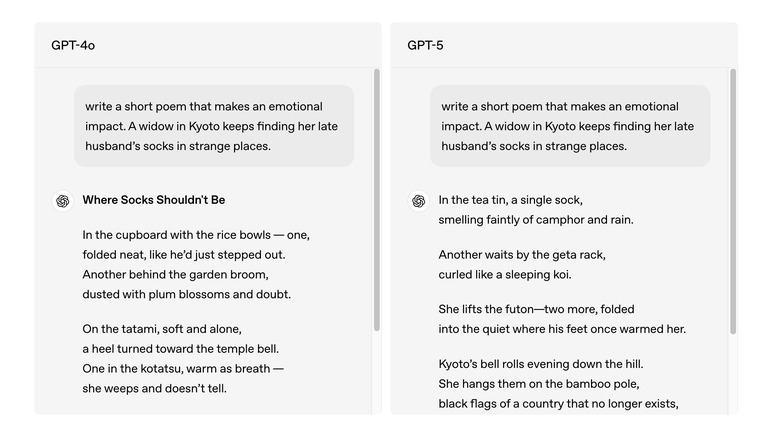 OpenAI's example comparing GPT-4o and GPT-5 with the same prompt for a short poem.