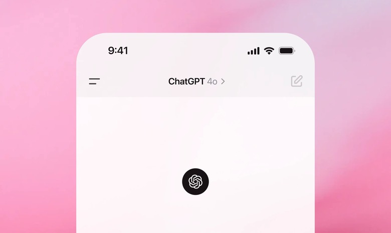 A render of ChatGPT opened on a smartphone with the OpenAI logo shown at the center of the screen, against a pink background