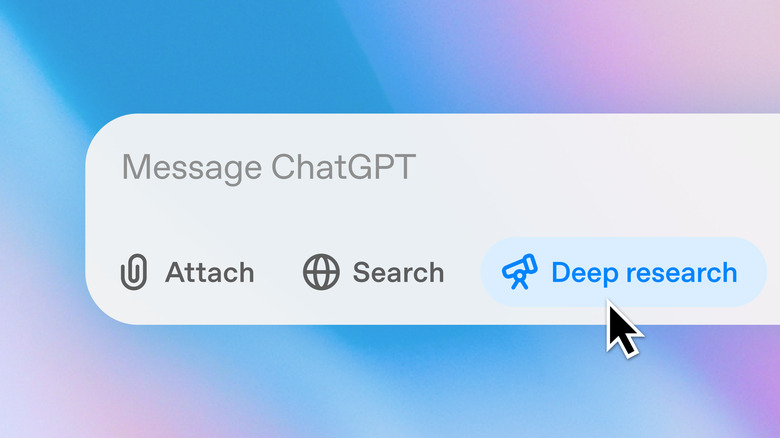 A mouse pointer hovers over the Deep Research button on ChatGPT. 