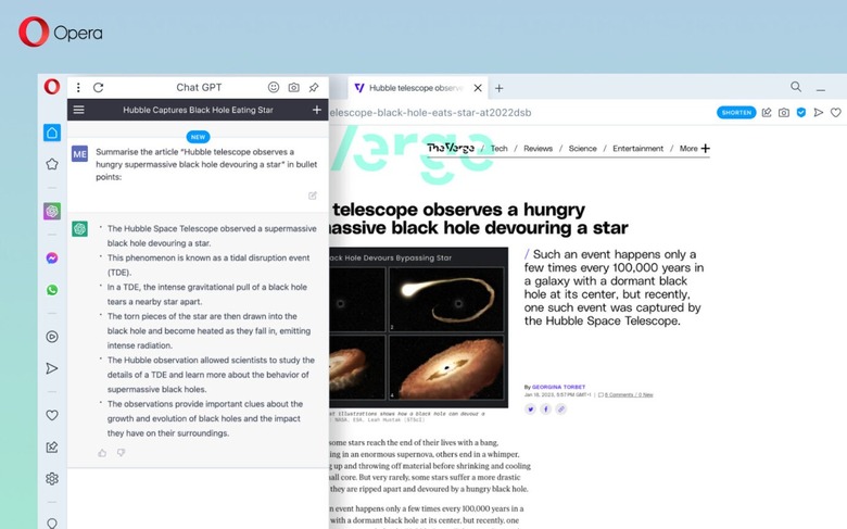 A screenshot showing off Opera's new ChatGPT integration, which includes a sidebar for creating summaries of articles and webpages. 