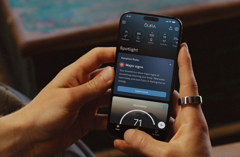 Oura Symptom Radar feature on a smartphone, indicating that a user's biometrics are showing major signs of something straining their body, such as a cold or flu.