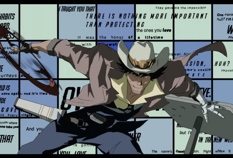 An anime-style drawing of a man wearing a cowboy hat, twirling a hand gun. 