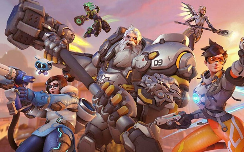 Group shot of some of Overwatch 2's heroes, including Tracer, Mei, Mercy, Reinhardt and Lucio.