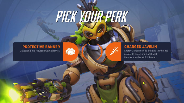 Two sample perks for the hero Orisa in Overwatch 2's Season 15 update.