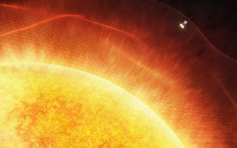 A conceptual image of the Parker Solar Probe entering the sun's outer atmosphere (corona)