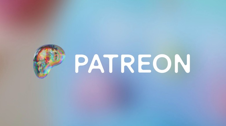 A colorful Patreon logo alongside the word Patreon written in white text against a blurred colorful background