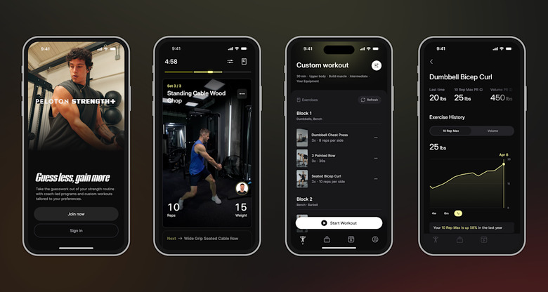 Four screenshots of the Peloton Strength+ app's main sign-up screen, a workout video, a custom workout, and a weight trend for a specific type of workout.