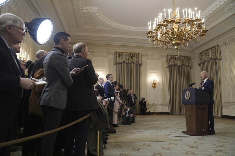 President Joe Biden delivers remarks on the Emergency National Security Supplemental Appropriations Act in the State Dining Room of the White House, Tuesday, Feb. 6, 2024, in Washington. (AP Photo/Evan Vucci)