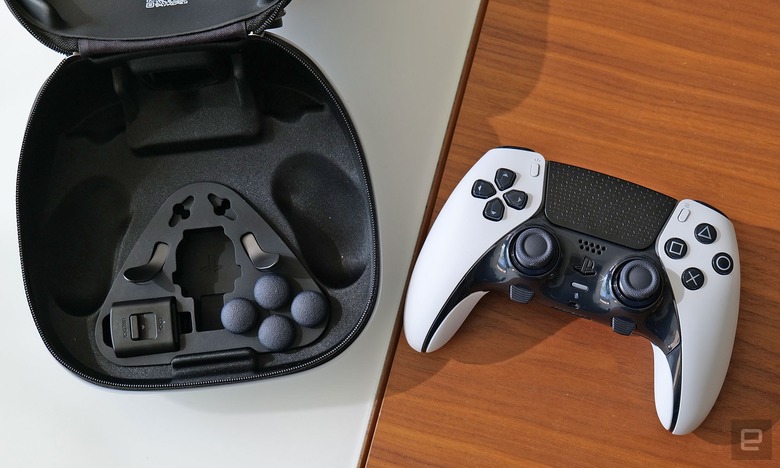 The DualSense Edge comes with a hardshell carrying case along with three pairs joystick nubs, two sets of rear paddles, a 10-foot USB cord and a cable lock. 