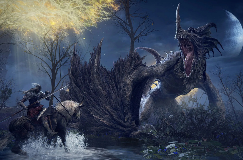 A computer-generated image of an armored fighter on a horse facing a dragon. 