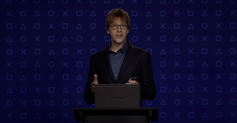 Mark Cerny presenting on the PS5 in front of a VAIO laptop.