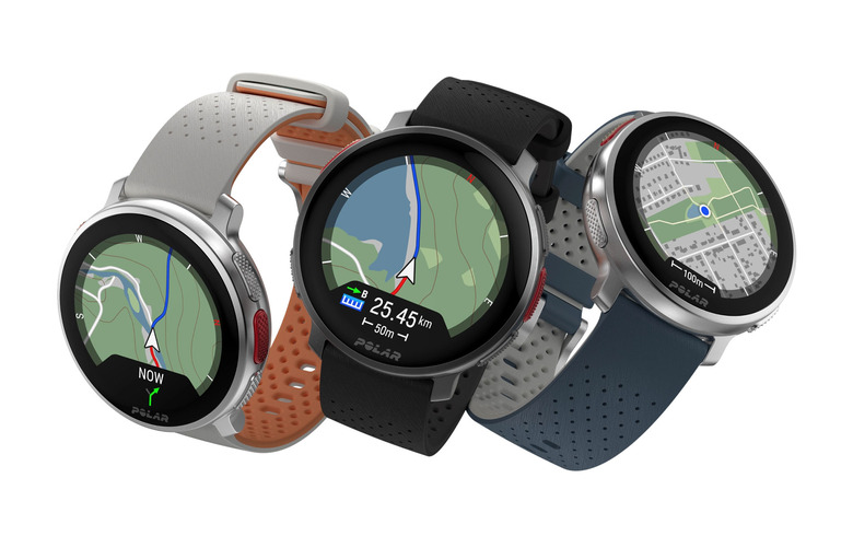 A trio of Polar V3 smartwatches are clustered together and shown against a white background in this press photo.