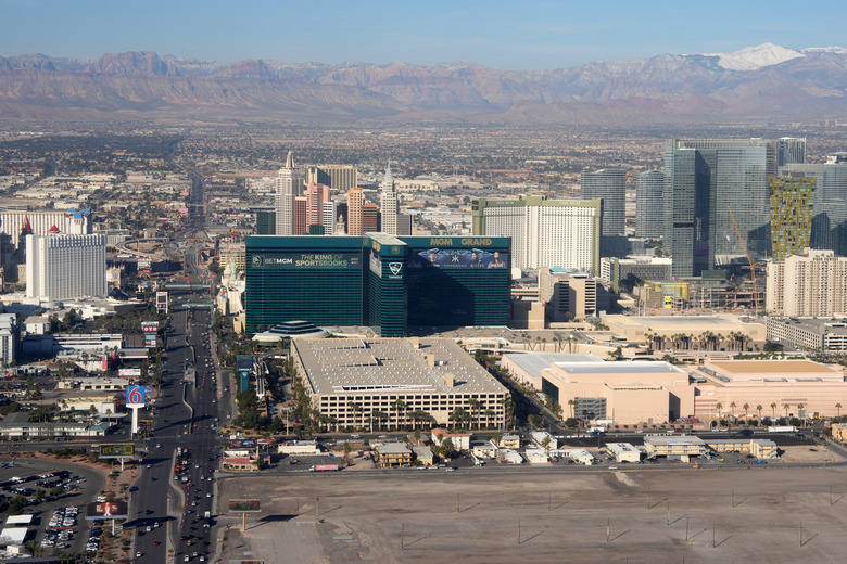 LAS VEGAS, NEVADA - FEBRUARY 16: A general overall aerial view of the MGM Grand hotel and casino on the Las Vegas strip on February 16, 2024 in Las Vegas, Nevada. (Photo by Kirby Lee/Getty Images)