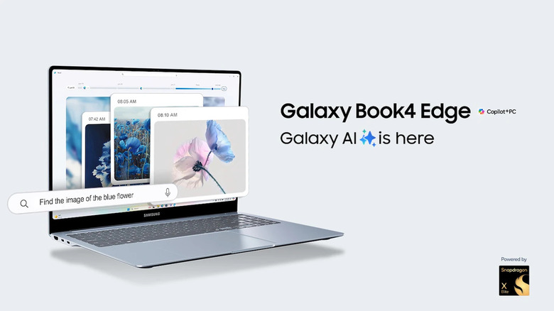 Marketing image of the Samsung Galaxy Book4 Edge laptop. It sits in front of a subtle gray gradient background. Beneath the laptop’s name, the text: 