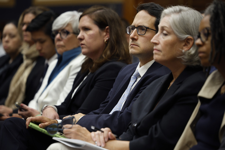 WASHINGTON, DC - JULY 13: FTC Commissioners Rebecca Kelly Slaughter (5th L) and Alvaro Bedoya (6th L) attend a hearing of the House Judiciary Committee in the Rayburn House Office Building on Capitol Hill on July 13, 2023 in Washington, DC. The committee heard testimony from Federal Trade Commission Chair Lina Khan, whom Republican members accuse of 
