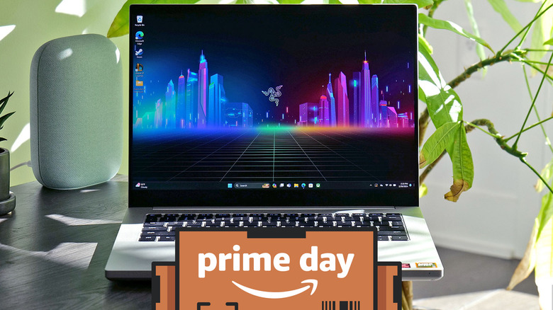 Razer Blade 14 laptop with a Prime Day logo superimposed on top