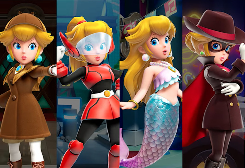 A promotional image showing Peach in various professional outfits. 