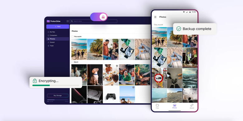 An image showing how Proton Drive's new automatic photo backup system works, with a smartphone and a desktop computer screen. 