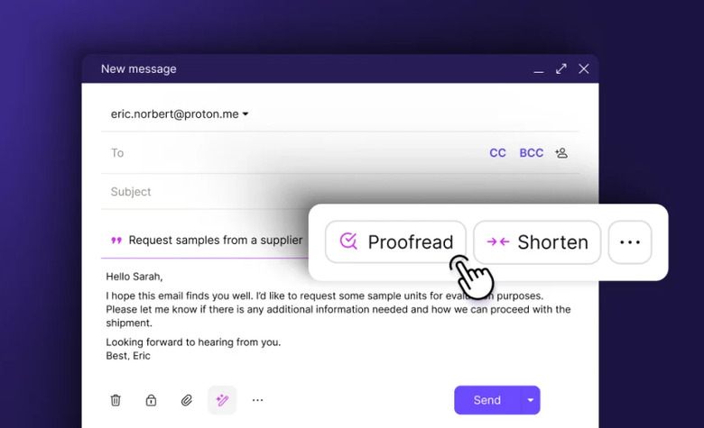 Screenshot of Proton Mail's AI writing assistant