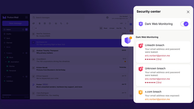 An example of Proton Mail's leak alerts, showing multiple breaches affecting a user