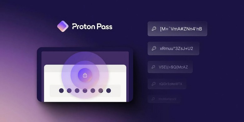 Marketing image for the Proton Pass password manager. Stylized image of a screen with a lock and sample passwords. Black and purple background.