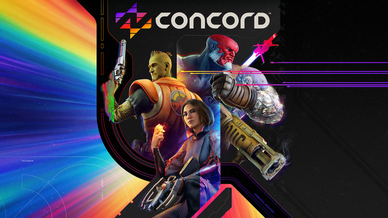 Title screen for upcoming game Concord. Three characters in heroic poses against a rainbow radial background with the title 