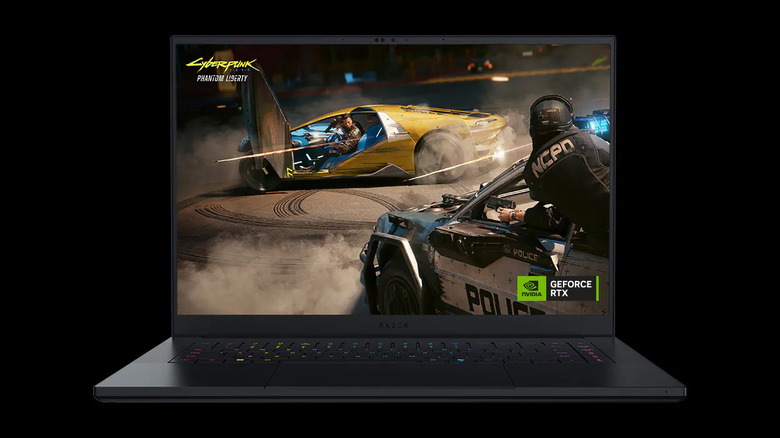 Product image of the Blade 16 gaming laptop, showing Cyberpunk 2077 on its screen.