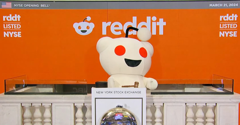 Reddit mascot Snoo rings the opening bell at the New York Stock Exchange.