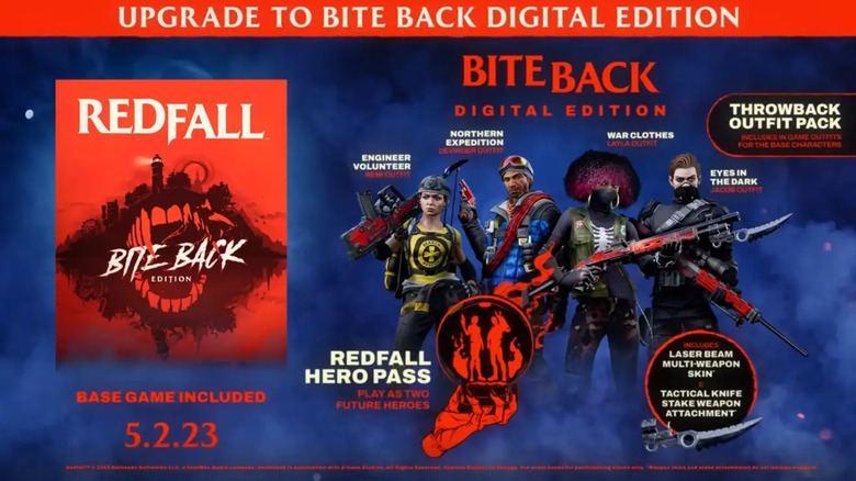 Promotional image of the Redfall Bite Back Edition. The game promo shows the cover art, four heroes and various text, including 