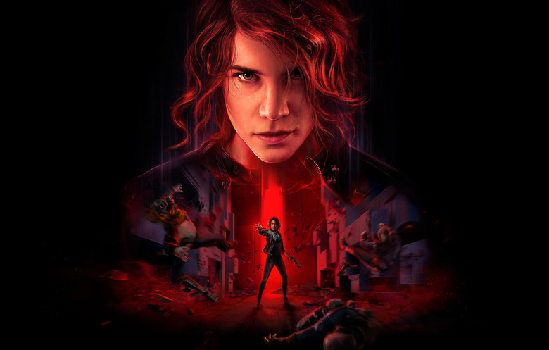 Computer-drawn graphics of a woman standing in the midst of ruins.