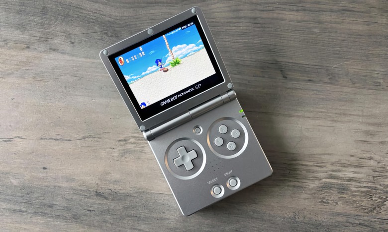 an Anbernic handheld designed to look like a Game Boy SP