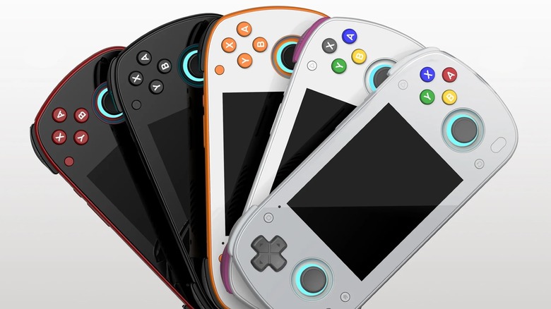 Five Retroid Pocket Mini handhelds of different colors displayed fanned out