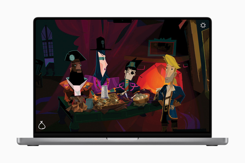 A Macbook screen showing computer animated images of cartoon pirates.