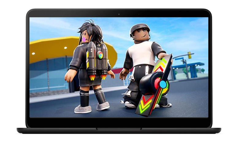 Two Roblox characters (with a jetpack and OneWheel) on a Chromebook screen.