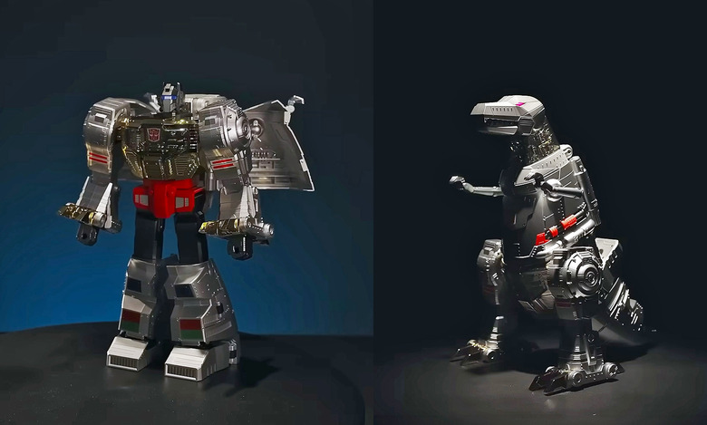 Split-screen marketing photo of Robosen’s Grimlock Transformers toy. The robot stands on the left and the dinosaur form on the right. They're in front of a dark, black / blue background.