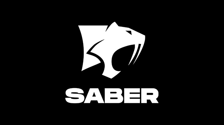 Logo for game studio Saber Interactive. A white sillhouette of a saber-toothed tiger sits above the text 