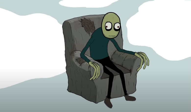 Salad Fingers sits in a worn out armchair