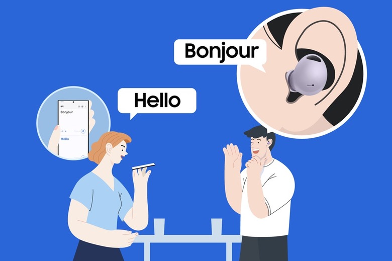 Illustration of two people, one speaking into a phone while the other hears what they say translated into another language through their earbuds.
