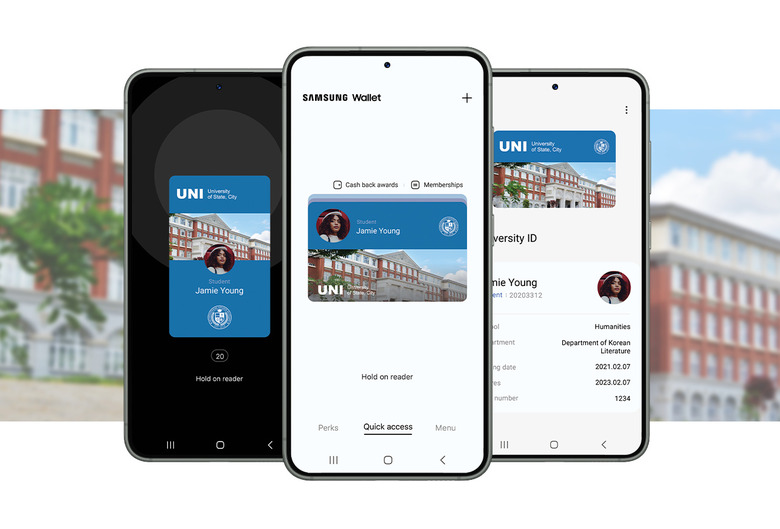 Three Samsung phones showing digital student IDs. In the background is a blurry photo of a school campus.
