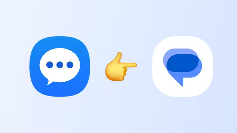 The Samsung Messages app icon, followed by an emoji pointing at the Google Messages app icon.