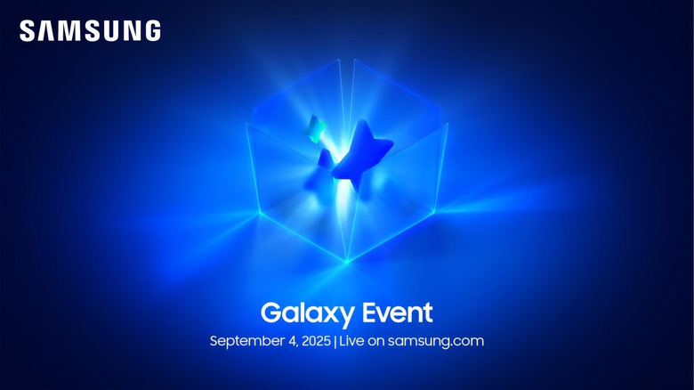 Samsung event invite for its next Unpacked event, featuring a translucent box falling apart, with stars inside.