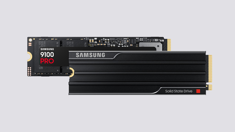 Product marketing image for the Samsung 9100 PRO SSD. The drives sit against a light gray background.