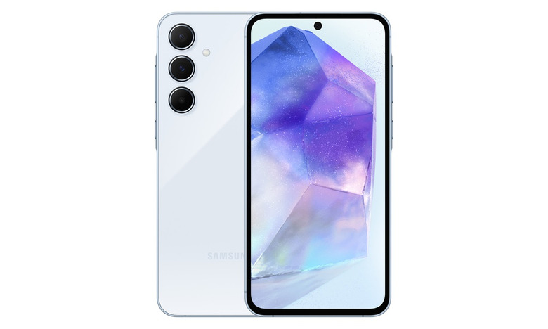 Press image of the midrange Samsung Galaxy A55 smartphone. The phone shows its front (with purple / blue wallpaper) and part of its back directly behind it. White background.