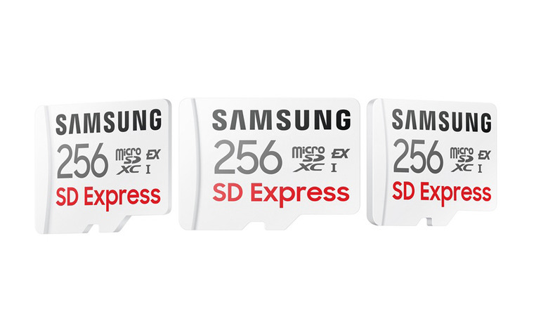 Product image for a new Samsung 256GB microSD card with SD Express speeds. Three of the cards sit side-by-side against a white background.