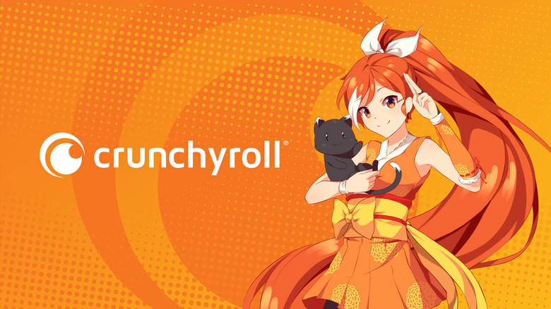 The Crunchyroll logo next to an anime character holding a cat.
